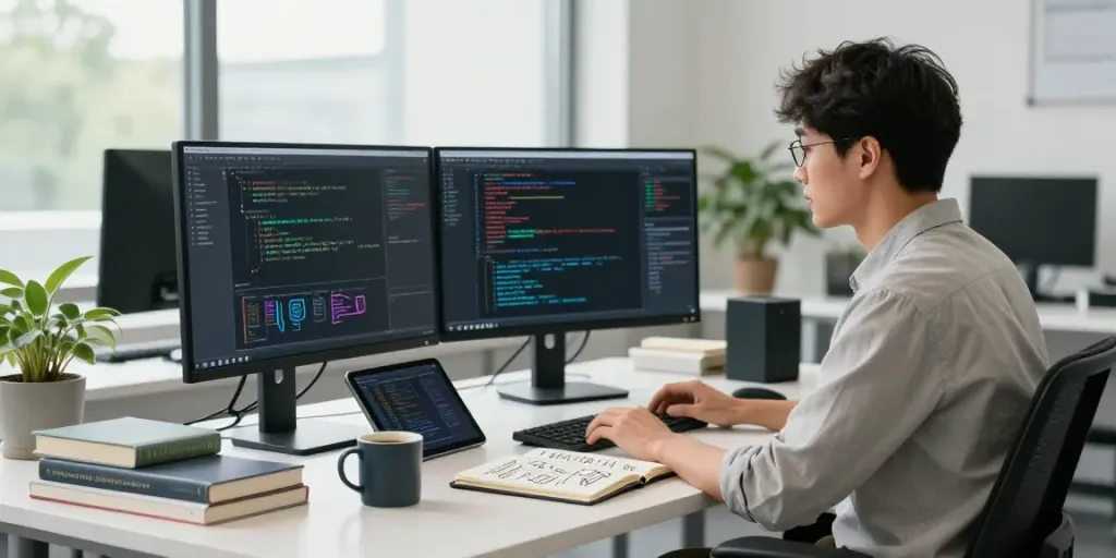 Engaging professional workspace illustrating Enterprise AI development with coder at modern desk.
