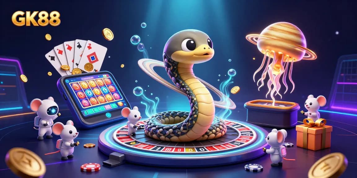 Bet on GK88 with an energetic cosmic casino scene featuring a Jupiter-sized jellyfish as the dealer.