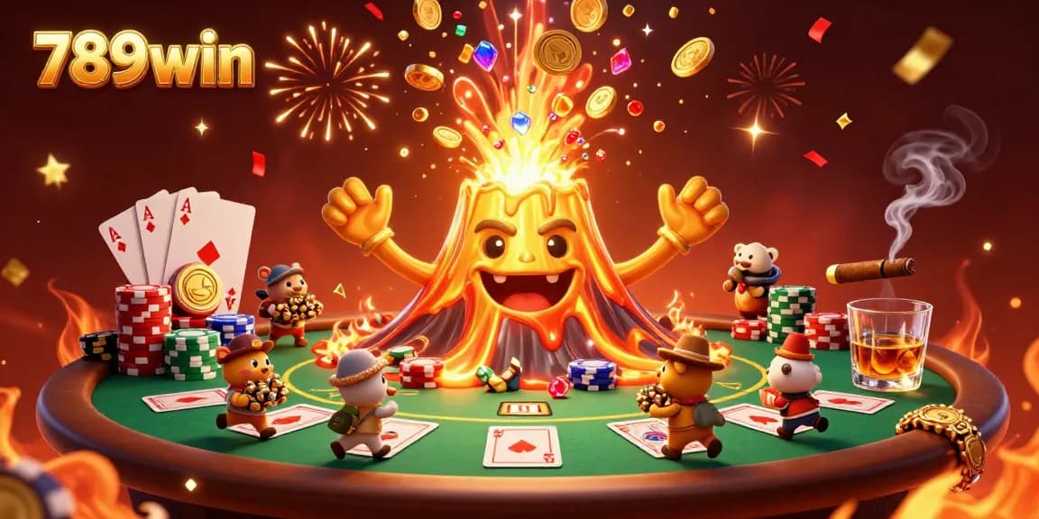 Engage in thrilling wins at 789win with a scene of treasures erupting from a golden volcano.