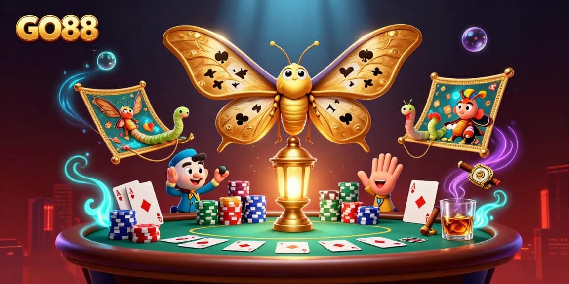 Experience thrilling gameplay with GO88 in a vibrant casino scene featuring a majestic moth and poker elements.