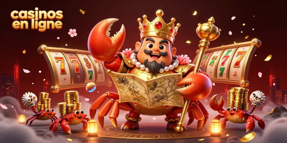 Des jeux de casinos en ligne avec des machines à sous et un empereur crabe doré captivant la scène.