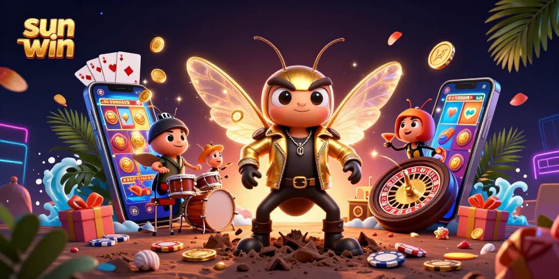 Experience thrilling wins at sun win with a lively 3D casino scene featuring animated characters and vibrant gaming elements.