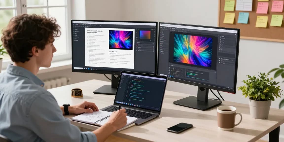 Developer working with an AI image generator software in a bright tech workspace, showcasing creativity and innovation.