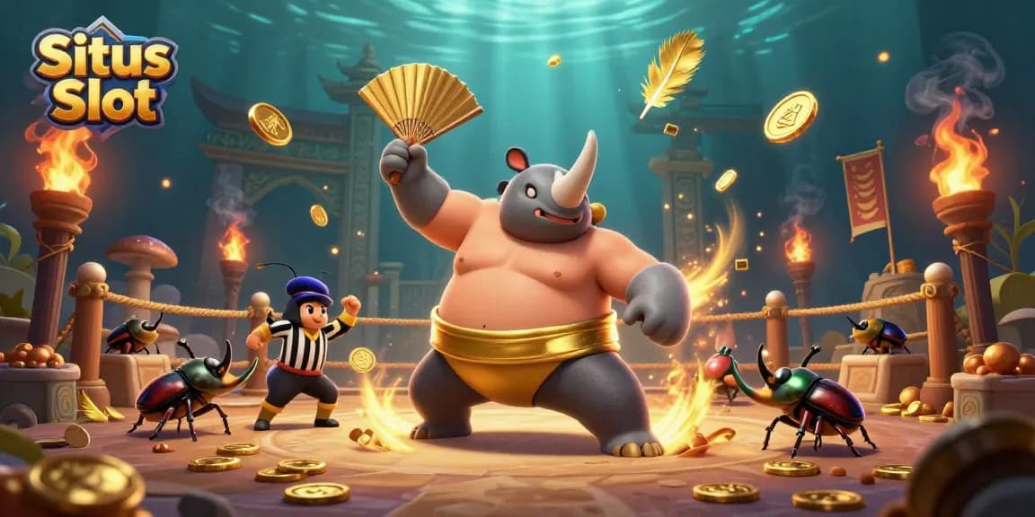 Situs Slot vibrant scene featuring a rhinoceros beetle champion amidst flowing coins and colorful game elements.