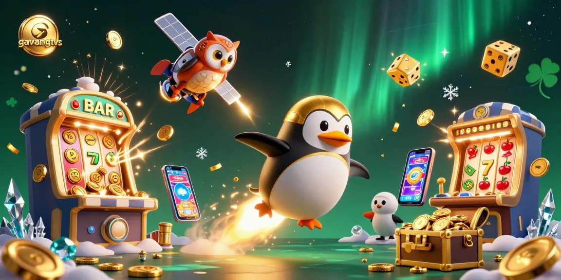 Experience the excitement of gavangtvs with a dynamic scene featuring a golden penguin on a thrilling casino adventure.