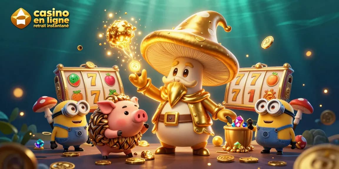 Les joueurs profitent de leur expérience de jeu dans un casino en ligne retrait instantané, entourés de champignons et de trésors.