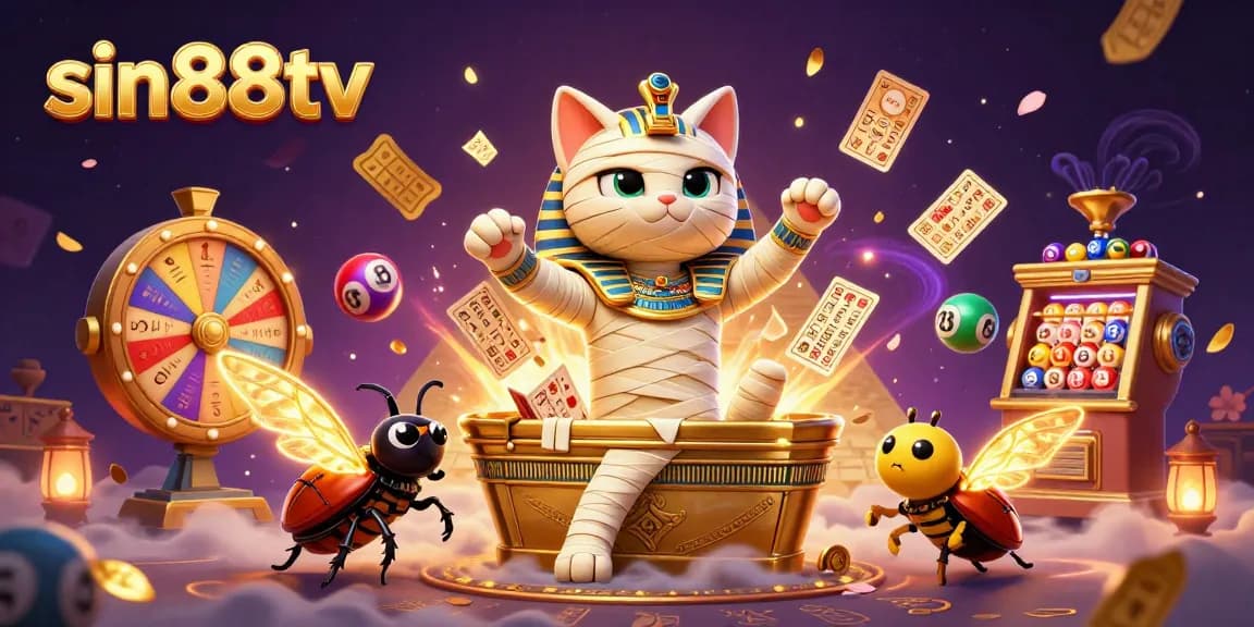 Engage in thrilling gaming adventures with the sin88tv Egyptian mummy cat in dynamic 3D casino illustration.