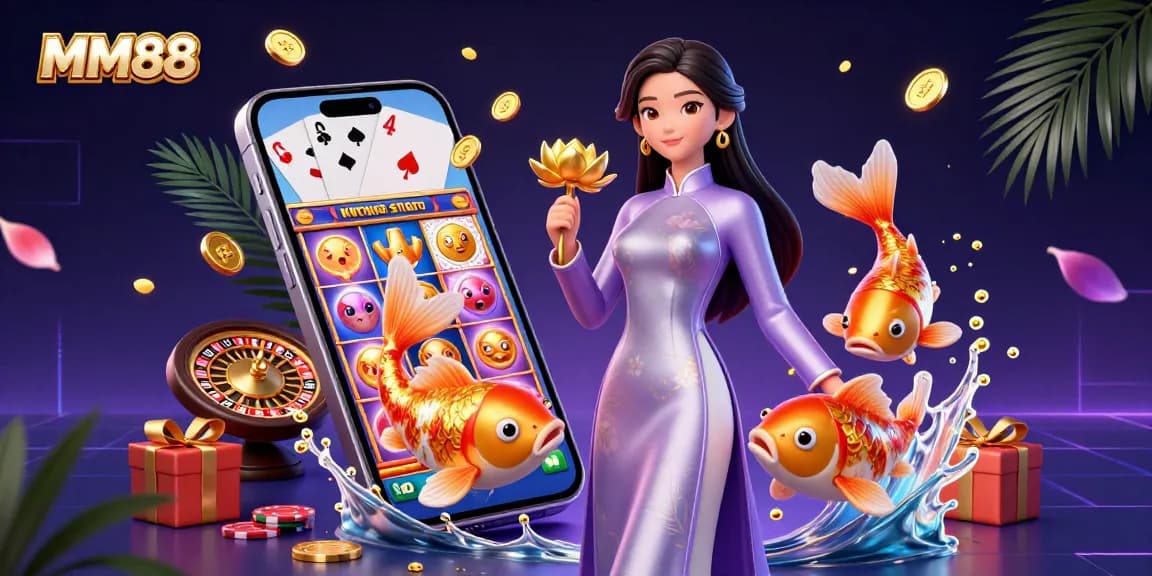 Experience the thrill of MM88 with a vibrant illustration of dynamic casino games and winning elements.