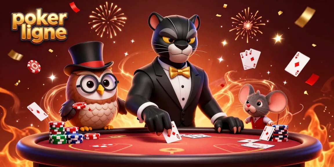 Participez à des parties de poker en ligne captivantes avec une illustration animée de personnages élégants jouant autour d'une table.
