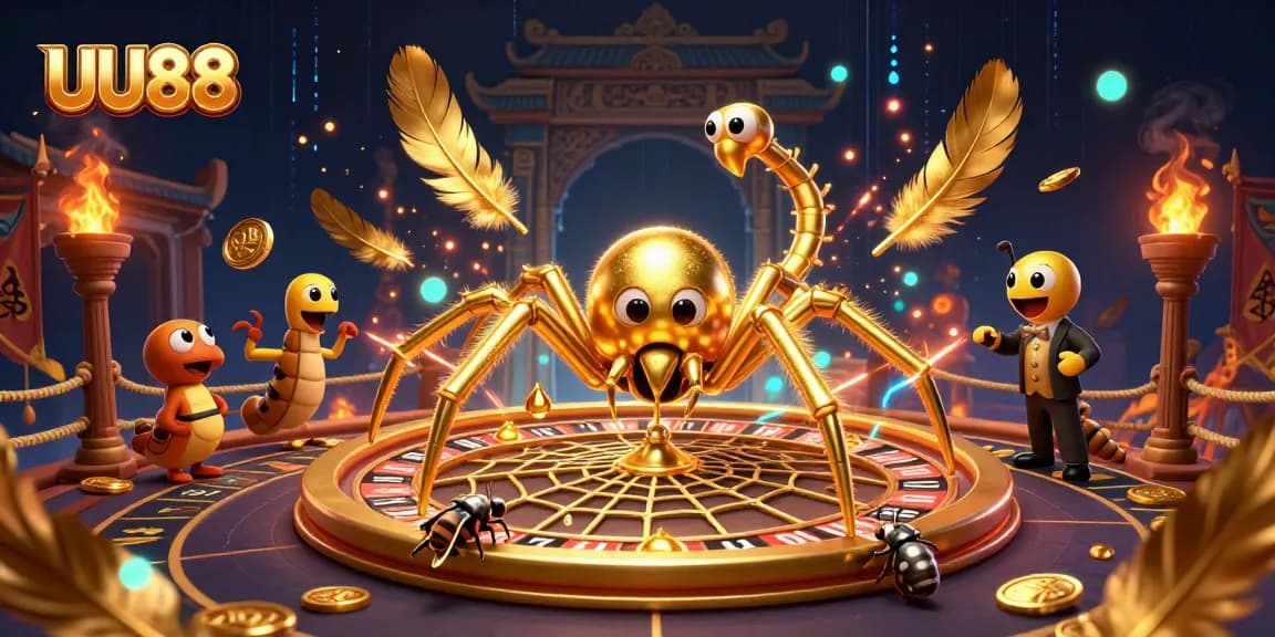 UU88's dynamic golden spider spins a roulette web as players place bets at the vibrant casino.