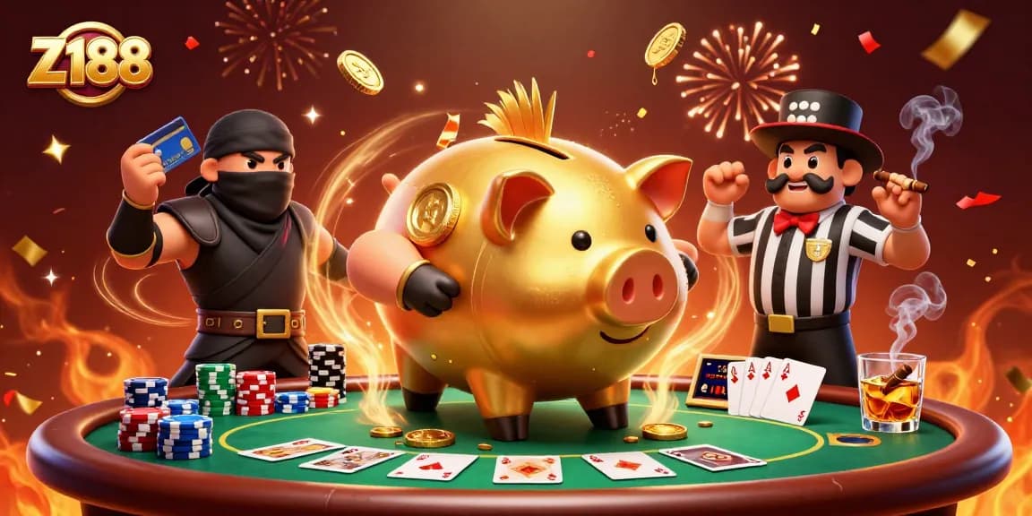 Experience thrilling gaming with Z188 at an exciting poker showdown featuring vibrant 3D characters.