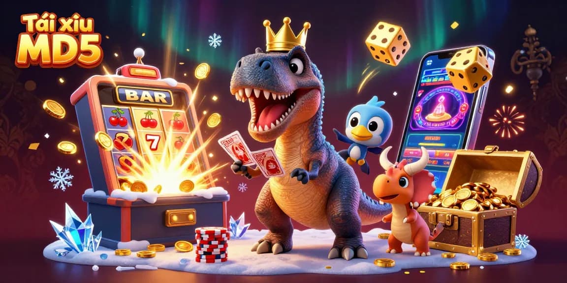 Engage in Tài xỉu MD5 gaming with an exciting scene of cartoon dinosaurs and dynamic casino elements.