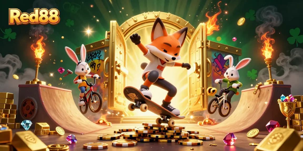 Experience thrilling gameplay at Red88 with a vibrant 3D casino atmosphere featuring iconic characters and treasures.