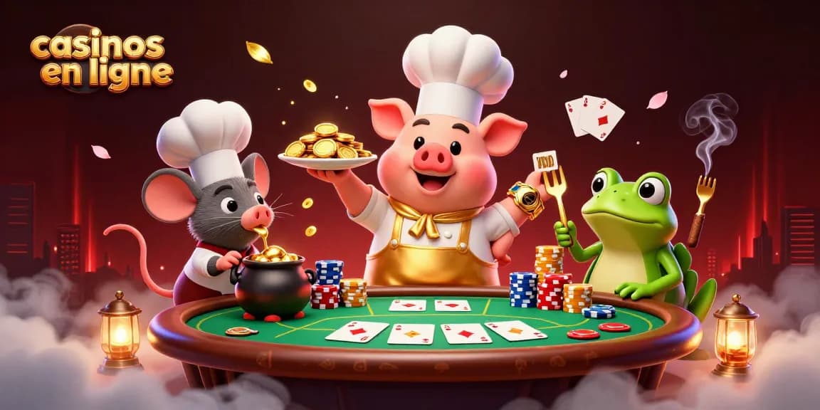 Jouer dans des casinos en ligne avec un chef, une souris et une grenouille servant des pièces en or.