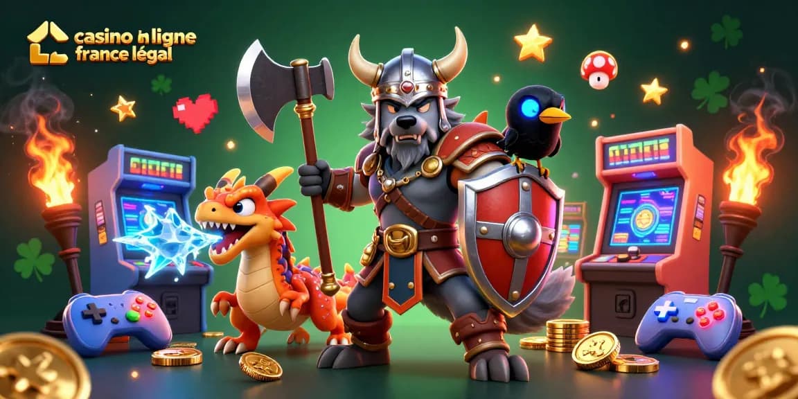 Illustration dynamique de casino en ligne France légal avec un loup viking, dragon et éléments de jeu.