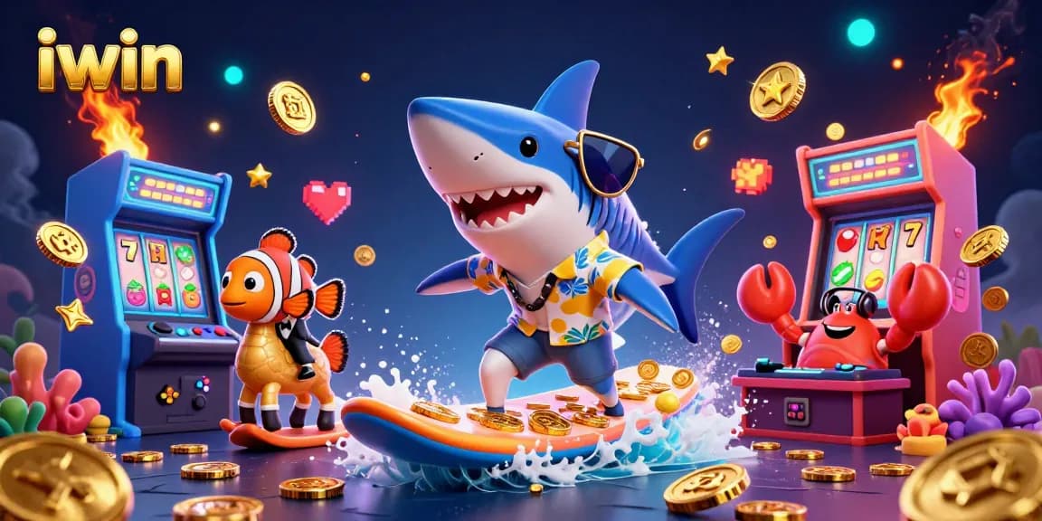 iwin encourages players to win with a vibrant 3D casino gaming scene featuring colorful characters and gaming elements.