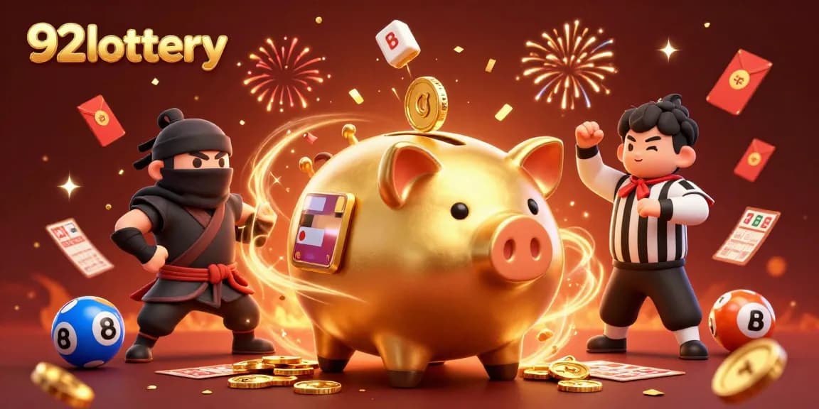 Engage with 92lottery as the golden piggy bank sumo wrestler stomps and unleashes wealth.