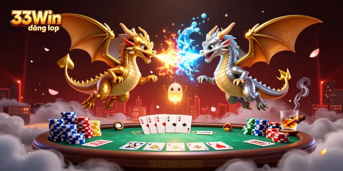 Engage with the thrilling atmosphere of 33Win đăng nhập in a strategic poker scene featuring 3D dragons and game elements.