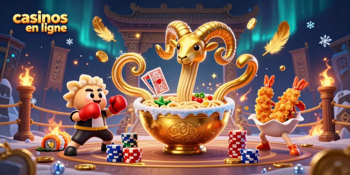 Jouez aux casinos en ligne avec une scène pleine de personnages comme un bol de ramen géant et des éléments de jeu captivants.