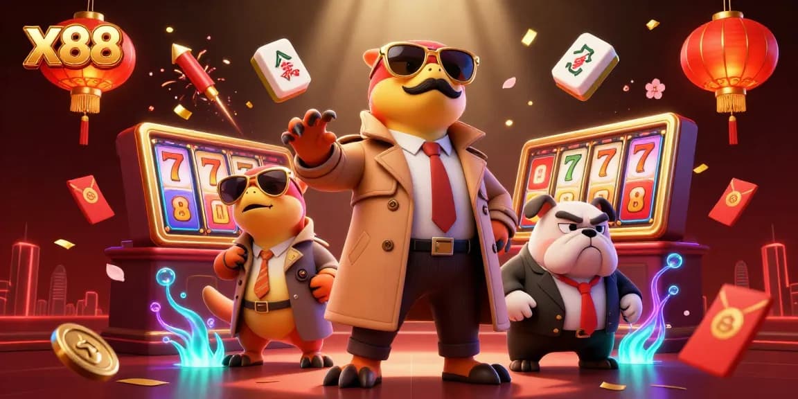 Join the excitement at x88 with raptors sneaking into a VIP casino, surrounded by thrilling gaming elements.