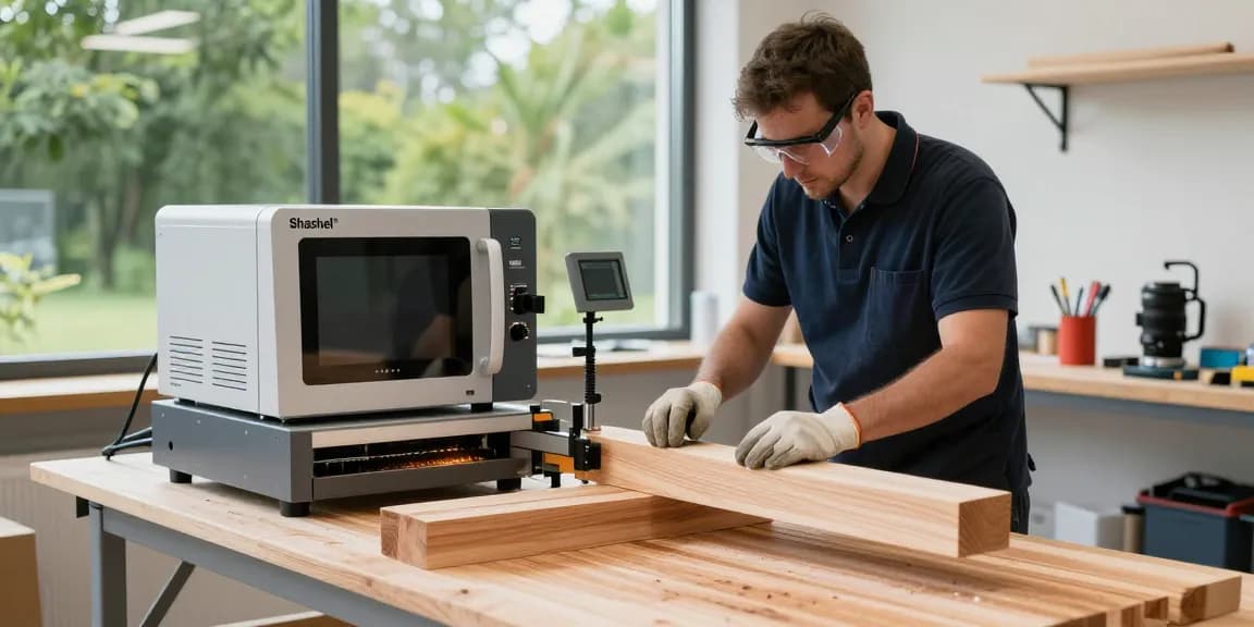 Shashel microwave device in action treating wood, showcasing chemical-free woodworm elimination.
