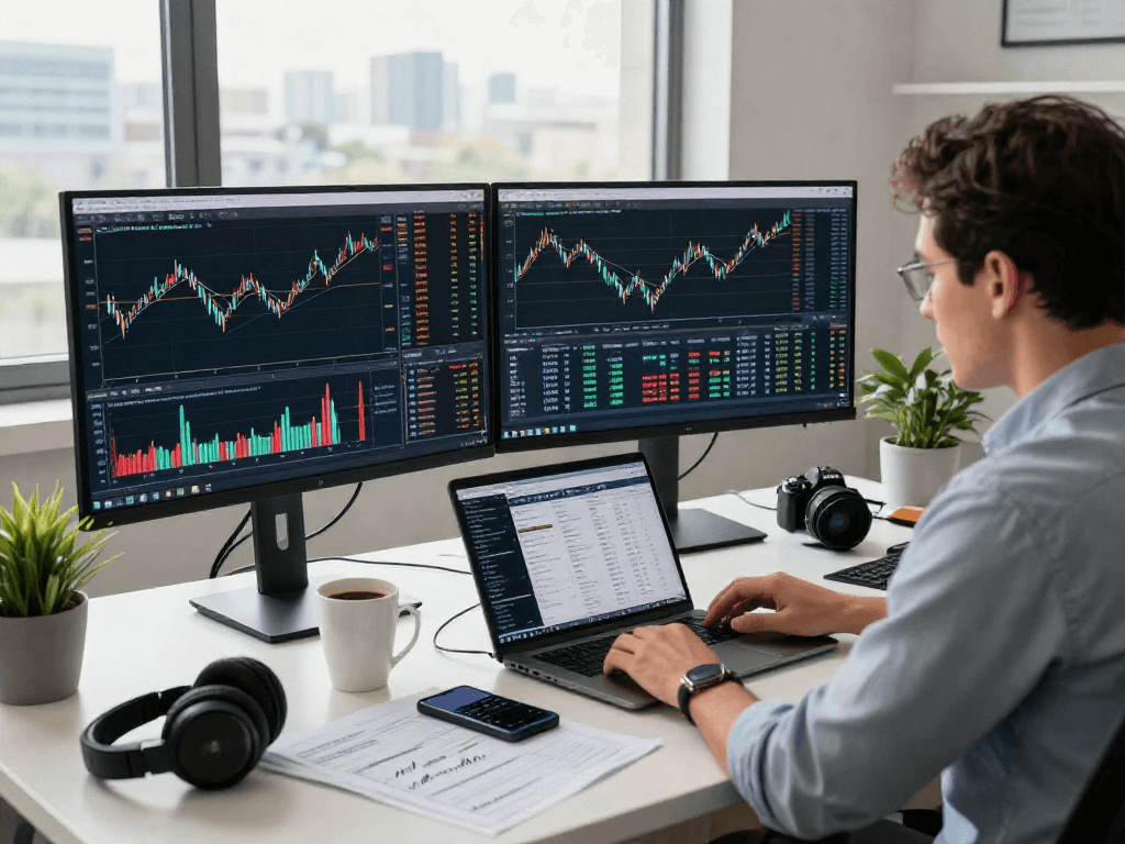Trader analyzing TradingView charts and notifications in a professional workspace