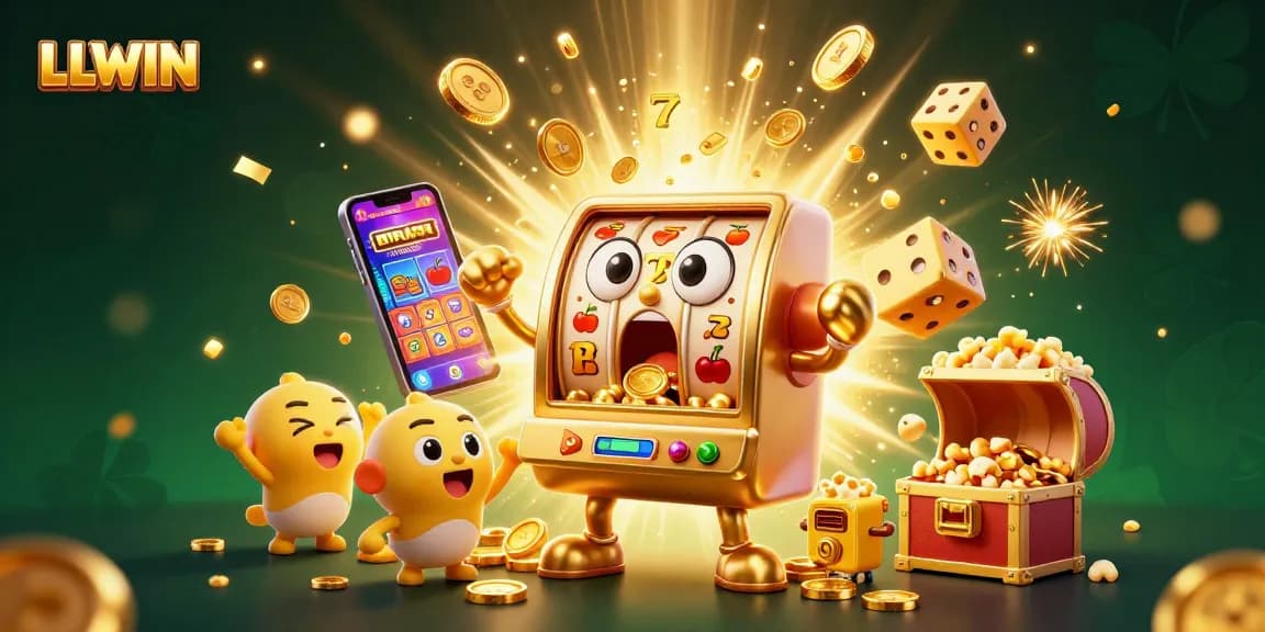 LLWIN reveals a lively jackpot celebration with cartoon slot machines cheering and gold coins spilling, showcasing the excitement of online gambling.