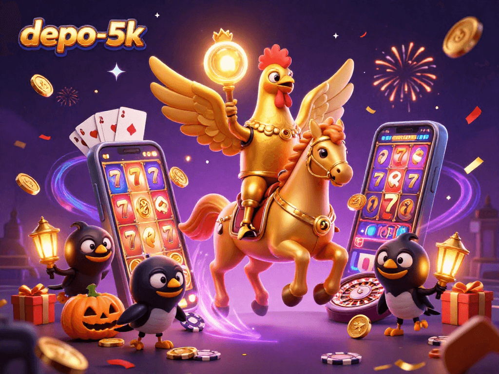 Experience the thrills of depo-5k with a vibrant slot game scene featuring a golden rooster and festive elements.
