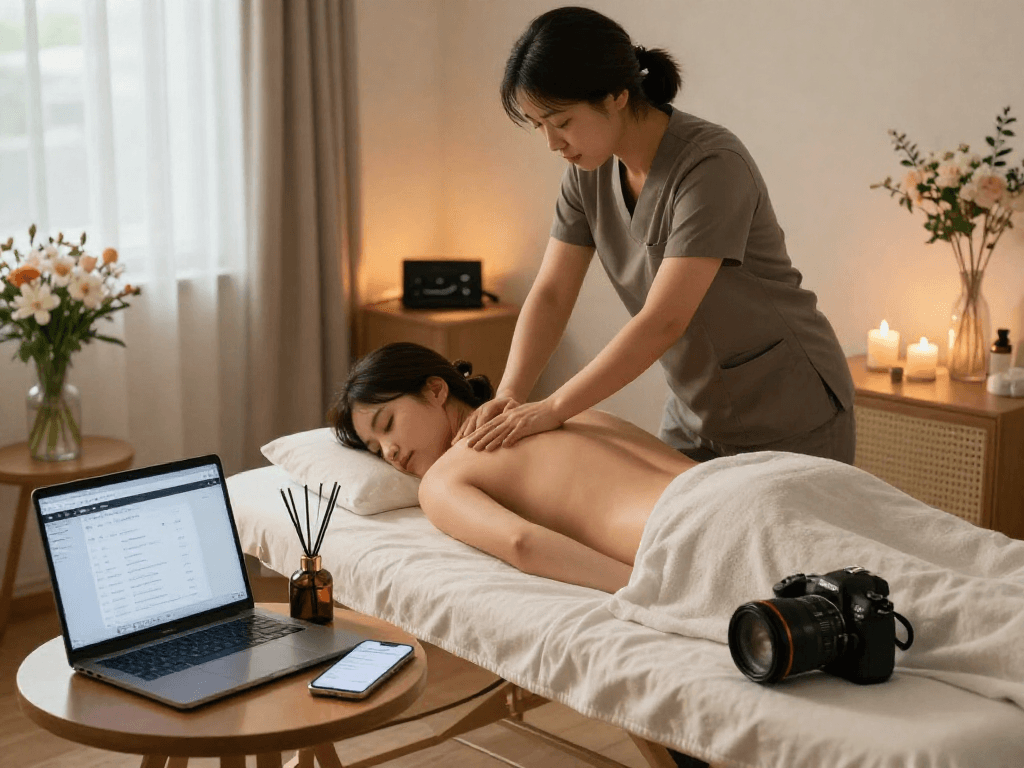 Professional 성동구출장마사지 session at home, therapist providing calming massage in an inviting atmosphere with natural light.
