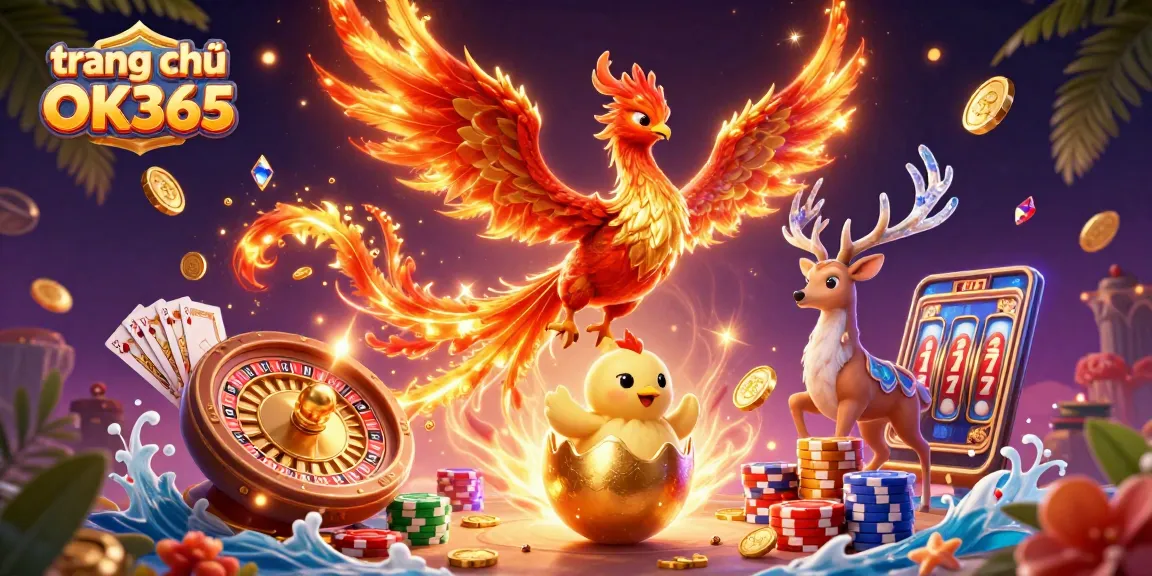 Engage in excitement at trang chủ OK365 with a 3D illustration of a fire phoenix and casino elements.
