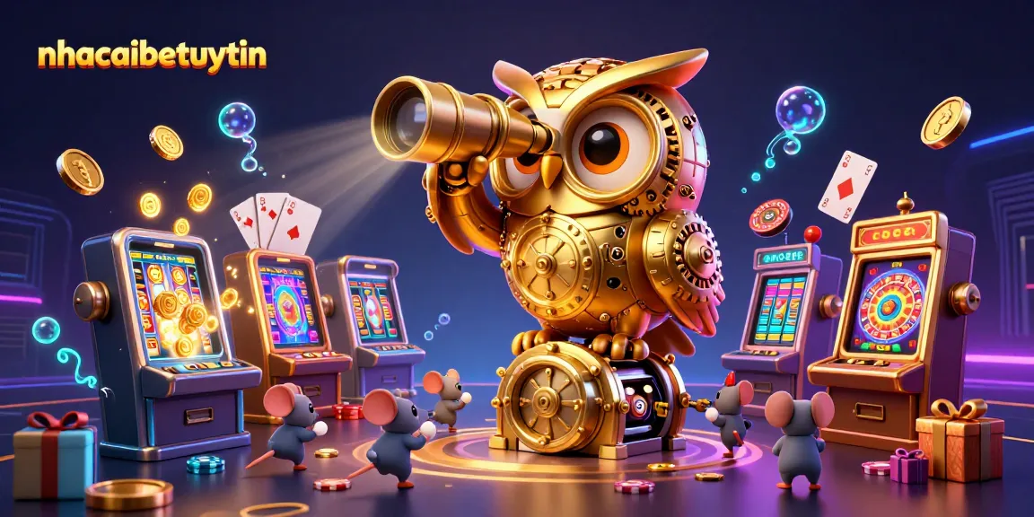 Engage with nhacaibetuytin's vibrant casino world featuring an owl, mice, and animated slot games.