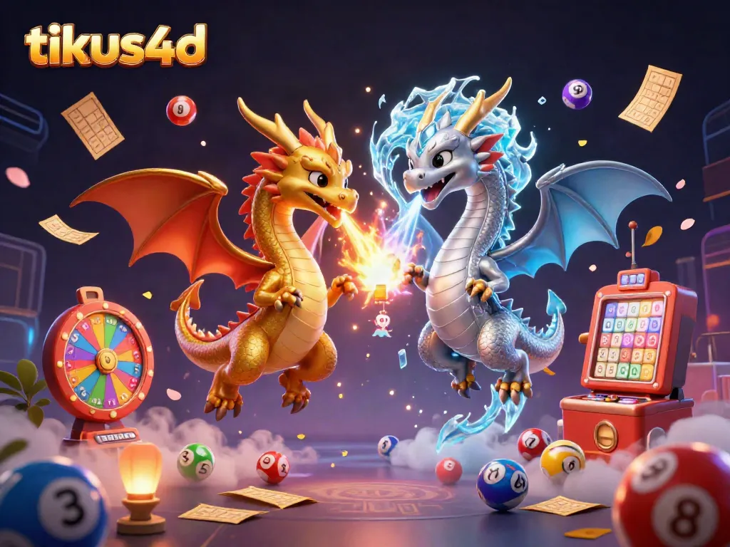 Engage with tikus4d for thrilling gameplay, featuring twin dragon guardians amidst vibrant lottery elements.