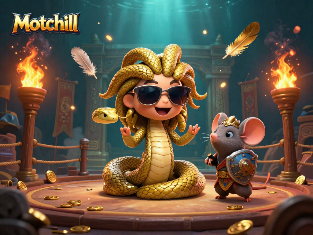 Join the thrilling gaming adventure with Motchill, featuring Medusa and a warrior mouse in a vibrant casino arena.