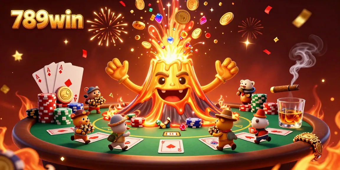 Engage in thrilling wins at 789win with a scene of treasures erupting from a golden volcano.