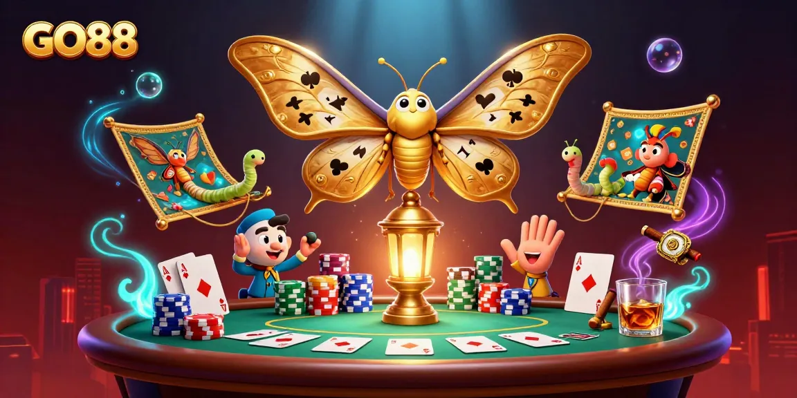 Experience thrilling gameplay with GO88 in a vibrant casino scene featuring a majestic moth and poker elements.