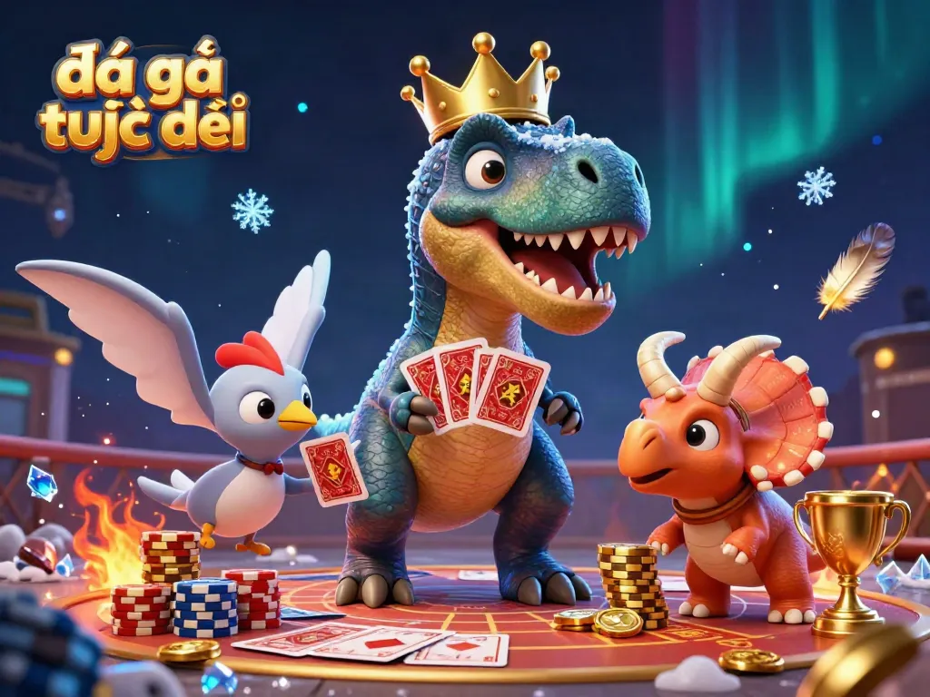 Engage in đá gà trực tiếp with thrilling cockfighting scenes featuring dinosaurs and dynamic arena elements.