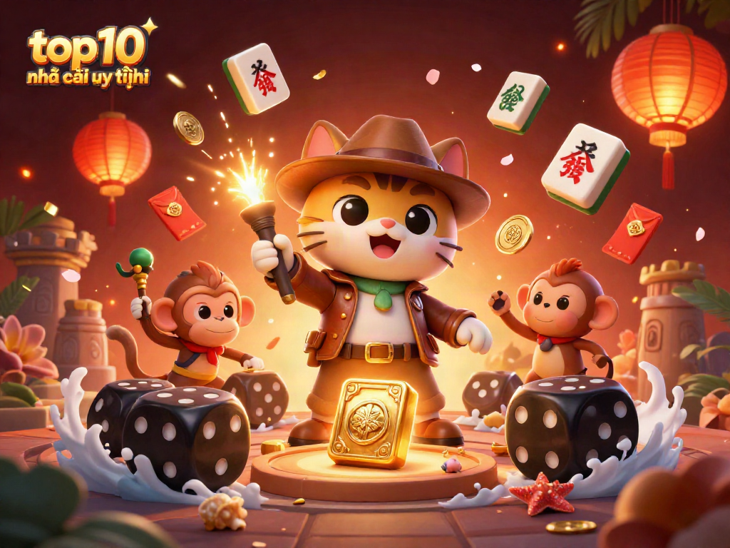 Discover the top 10 nhà cái uy tín with a lively scene featuring a cat archaeologist and vibrant casino elements.