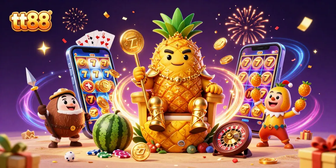 Spin and win on tt88 with a vibrant, cartoon-themed casino scene featuring a golden pineapple king.