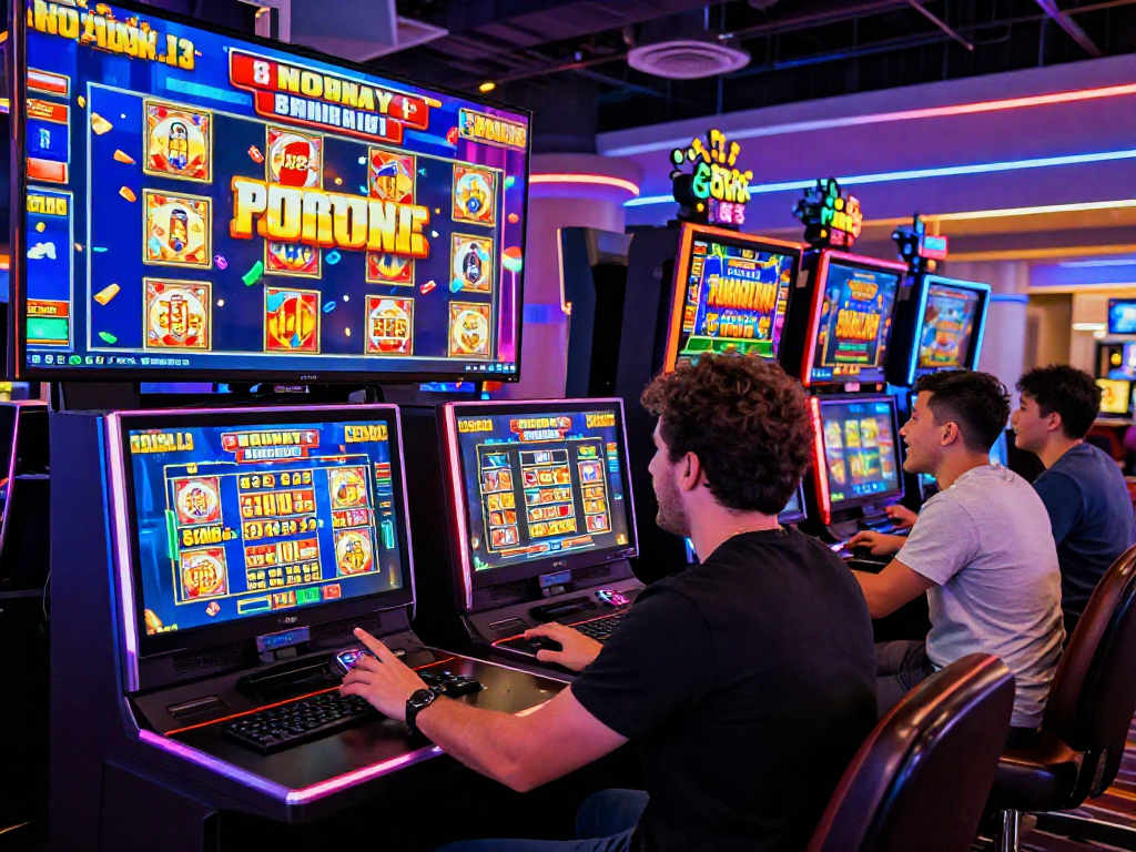 Engaging scene of players enjoying a slot online terpercaya experience at a vibrant virtual casino, showcasing excitement and interaction.