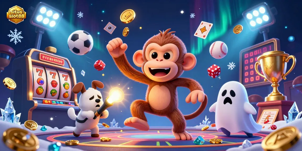 situs slot88 showcases a playful poltergeist monkey and a curious puppy in a haunted gaming scene.
