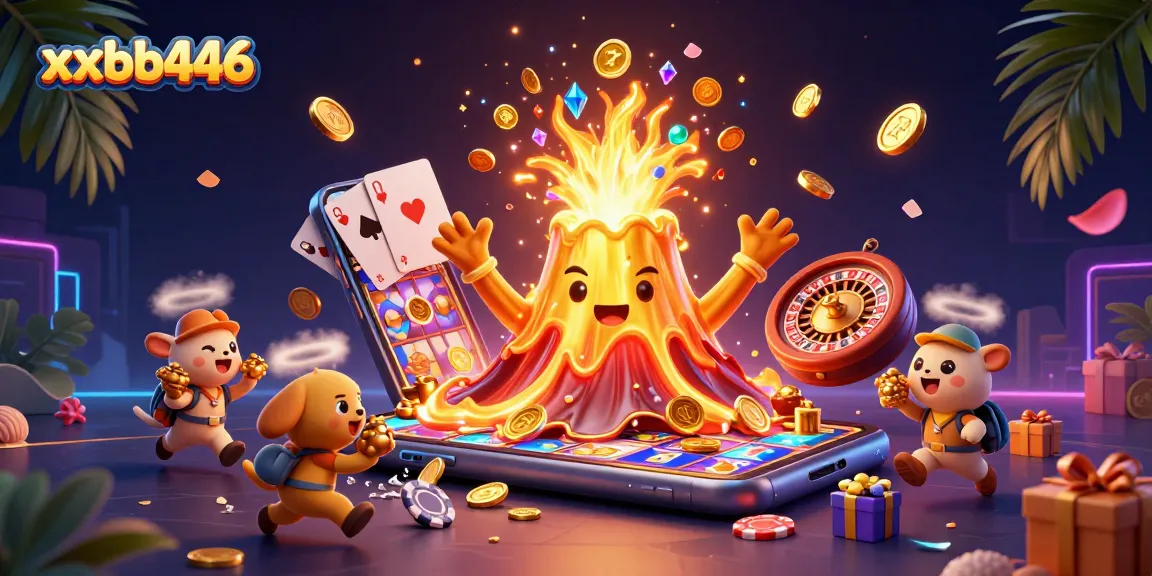 Play thrilling games at xxbb446, featuring golden volcanoes, exciting slots, and vibrant graphics.