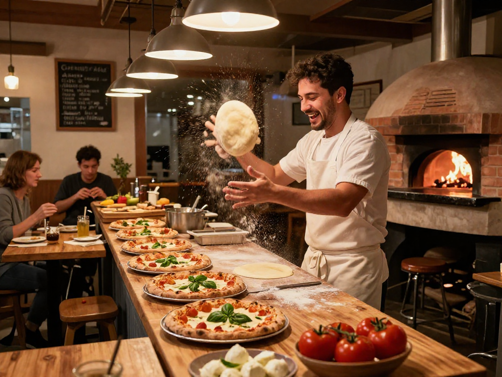 Chef tossing dough in the air at a busy pizzeria, showcasing the art of making pizza with fresh ingredients and lively atmosphere.