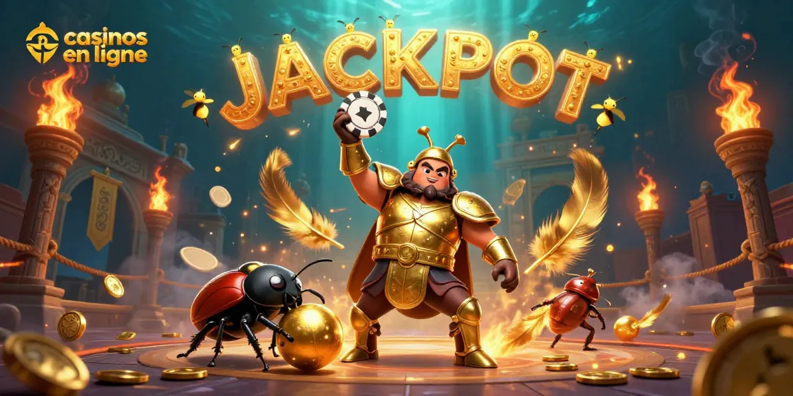 Visuel captivant de casinos en ligne illustrant un scarabée en armure dorée avec des jetons de poker, ambiance festive et animations lumineuses.