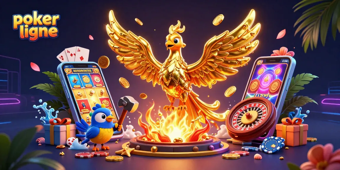 Jouez au poker en ligne avec une illustration dynamique de jeux de casino colorés et captivants.