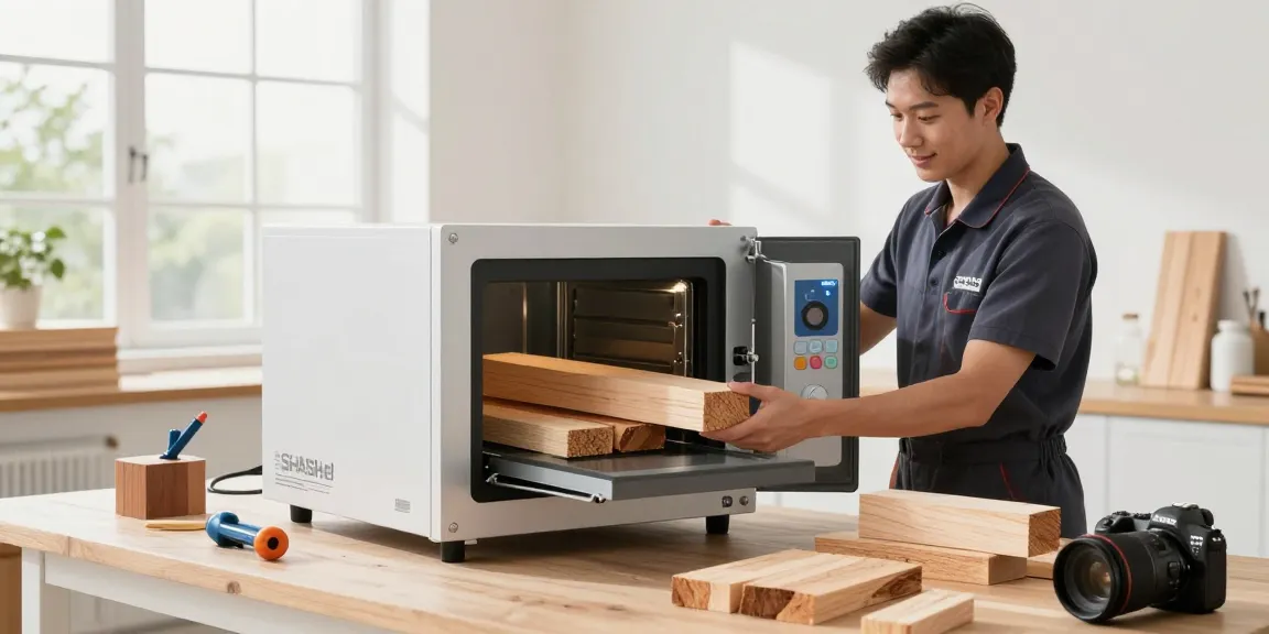Shashel microwave equipment eliminating wood pests in a bright workshop.
