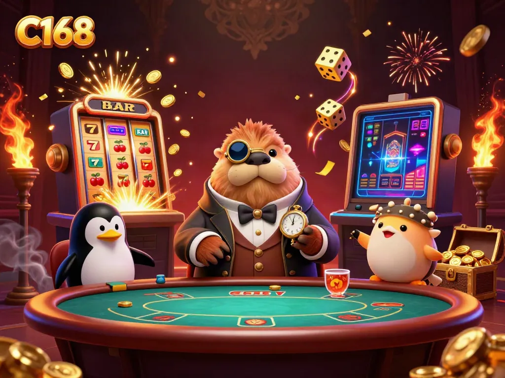 C168 cartoon walrus playing poker with a penguin dealer and pufferfish, surrounded by a jackpot explosion in a vibrant casino backdrop