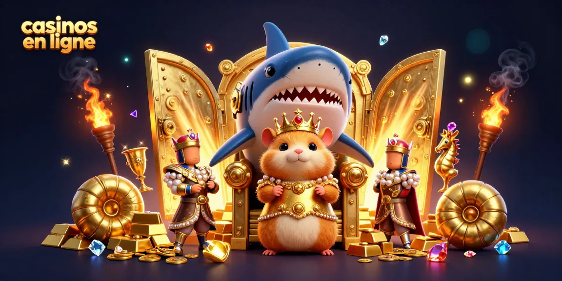 Le roi hamster en or trône sur sa dent de requin, entouré de trésors des casinos en ligne.