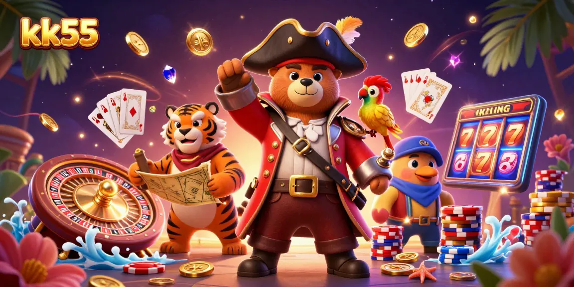 Experience the thrill of KK55 as pirate characters engage with casino games amidst floating coins and vibrant elements.