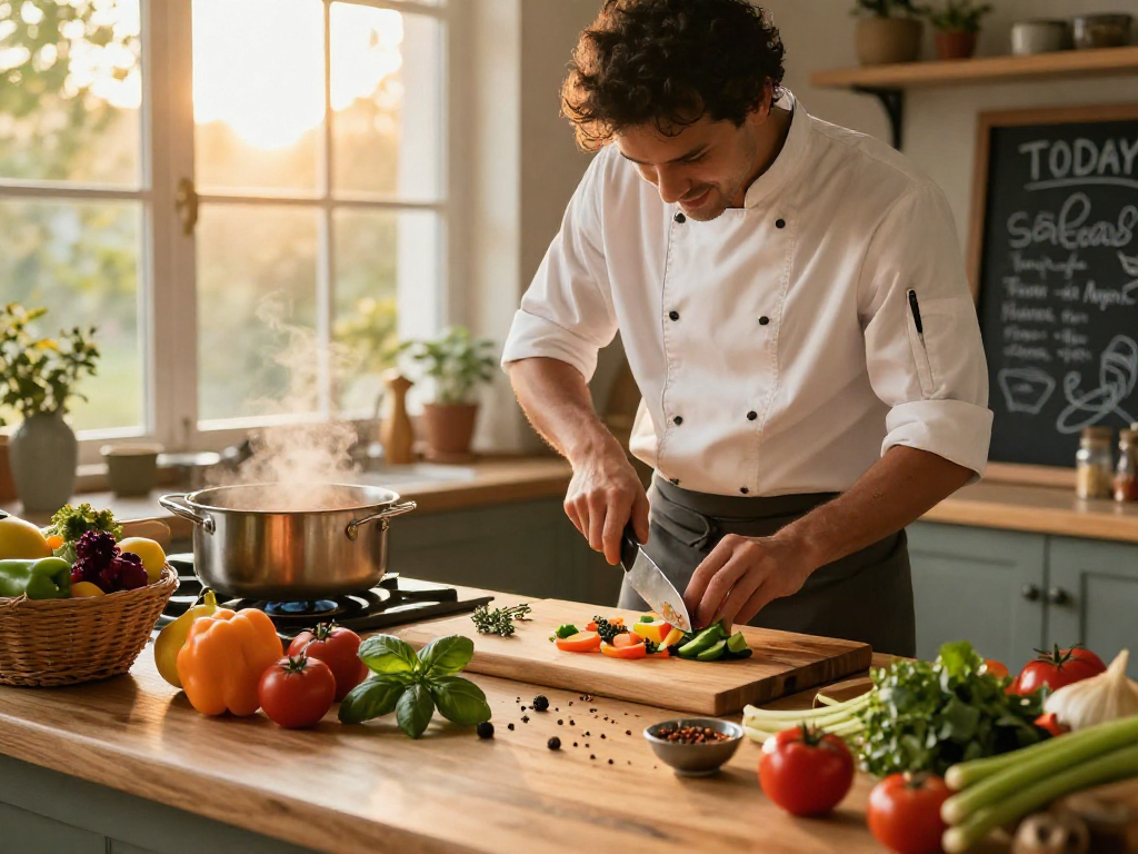Chef slicing fresh vegetables at a gourmet kitchen slot with vibrant ingredients and warm light.