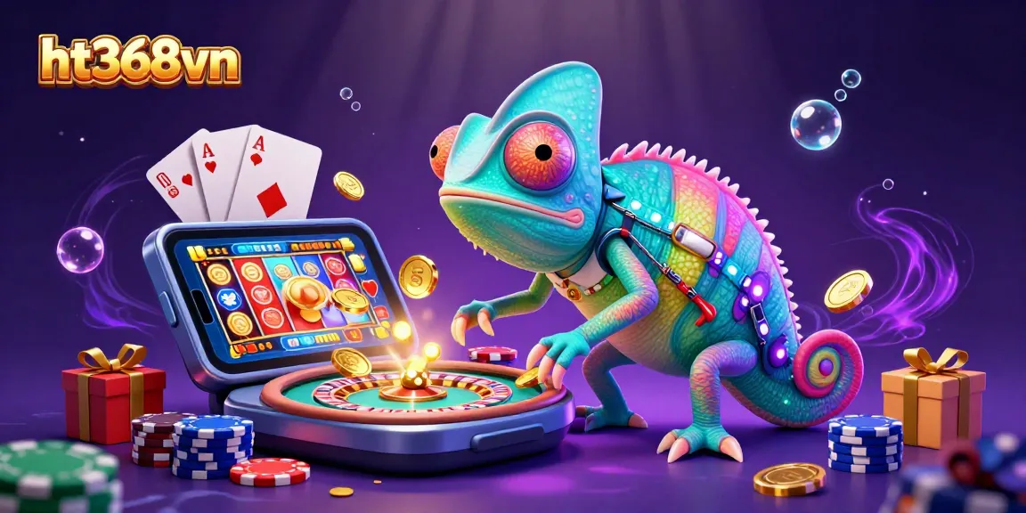 Engage in the thrilling gambling world at ht368vn with a vibrant casino-themed illustration showcasing a colorful chameleon owner and exciting games.